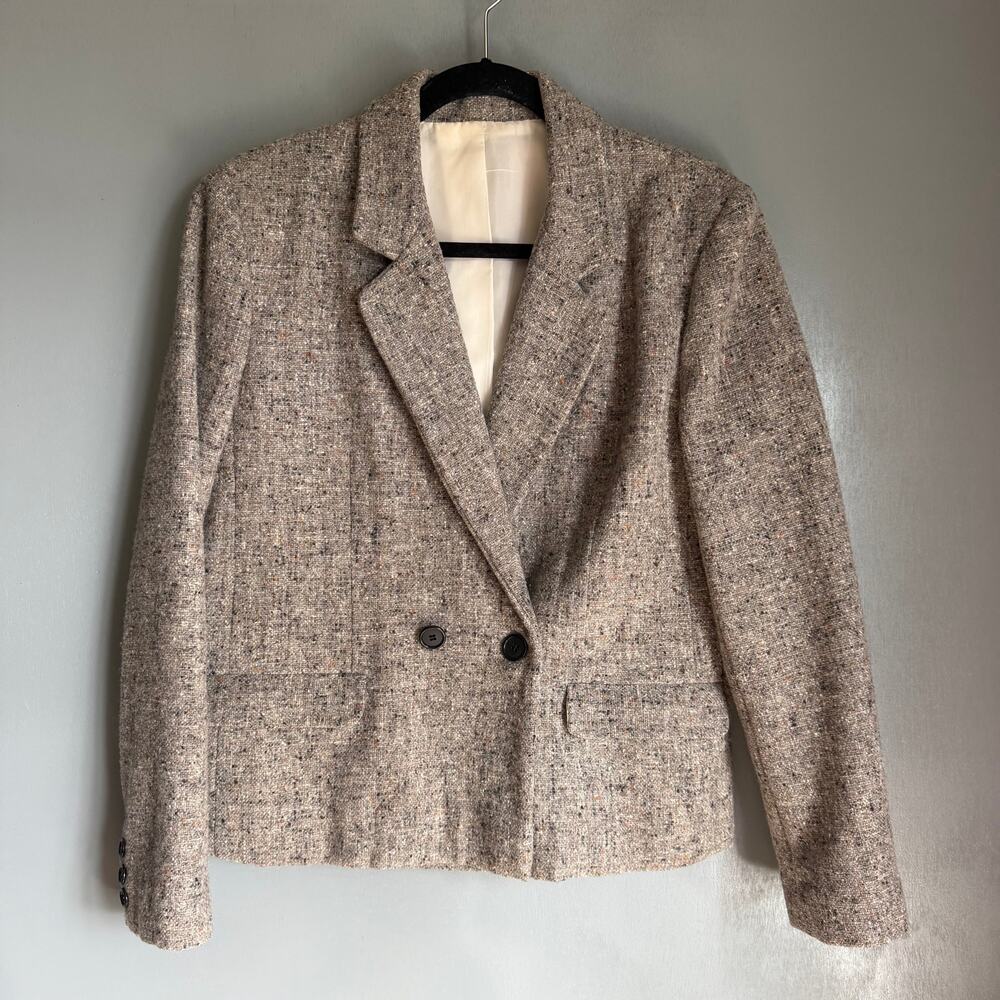 Vintage Women's M/L Grey Speckled Wool Double Breasted Cropped Wool Blazer Retro